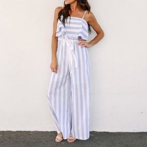 VICI Blue and White Linen Jumpsuit - Brand New
